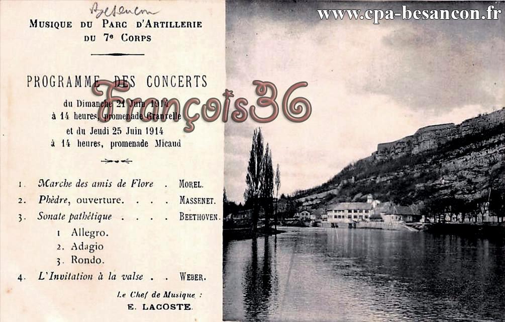 Musique du Parc d'Artillerie du 7e Corps - Programme des Concerts du Dimanche 21 Juin 1914 à 14 heures, promenade Granvelle et du Jeudi 25 Juin 1914 à 14 heures, promenade Micaud
